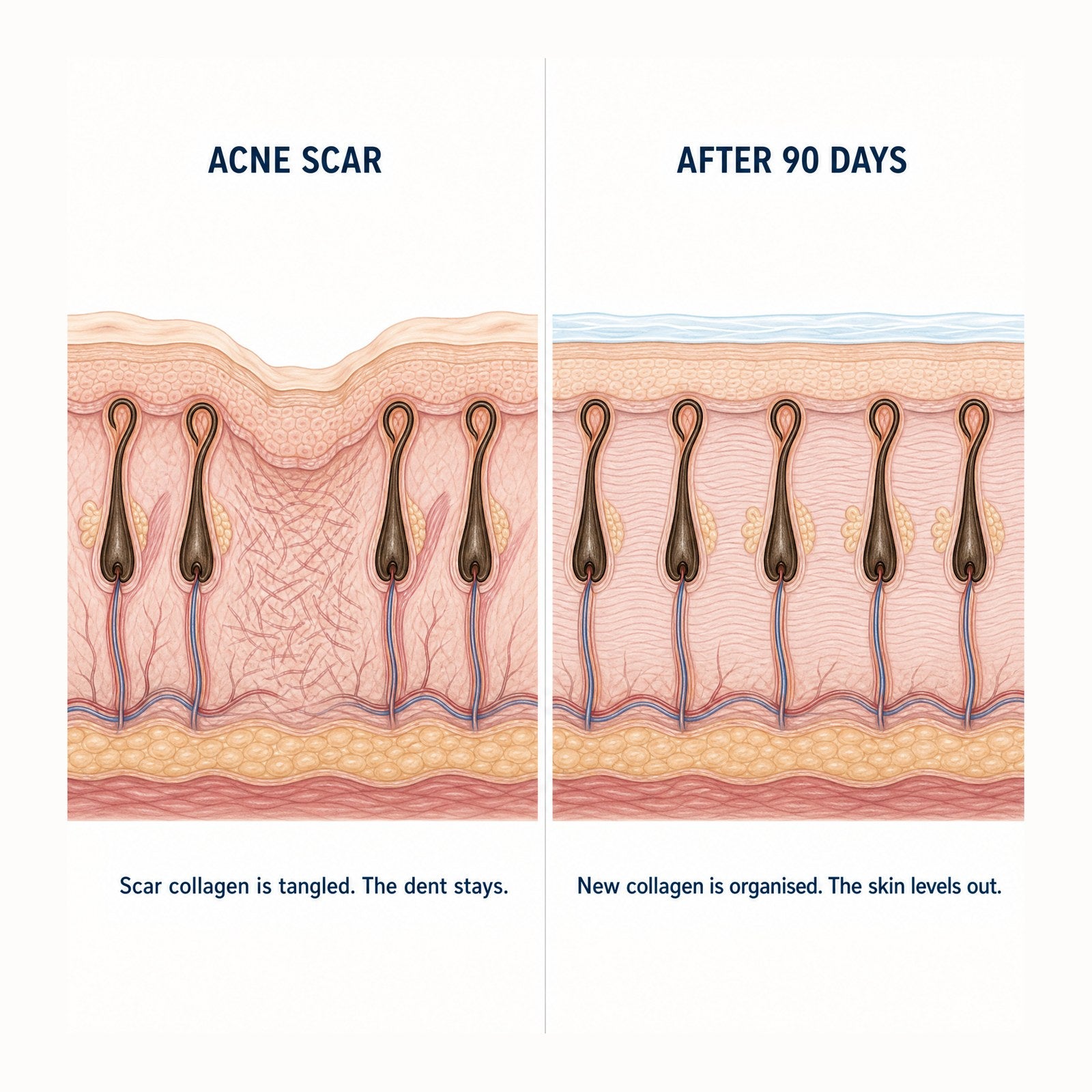 Skin cross section: tangled scar collagen versus organised new collagen after 90 days