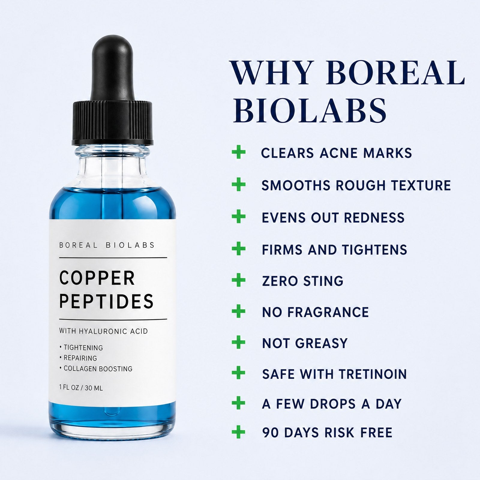 Why Boreal Biolabs: clears acne marks, smooths rough texture, evens out redness, firms and tightens