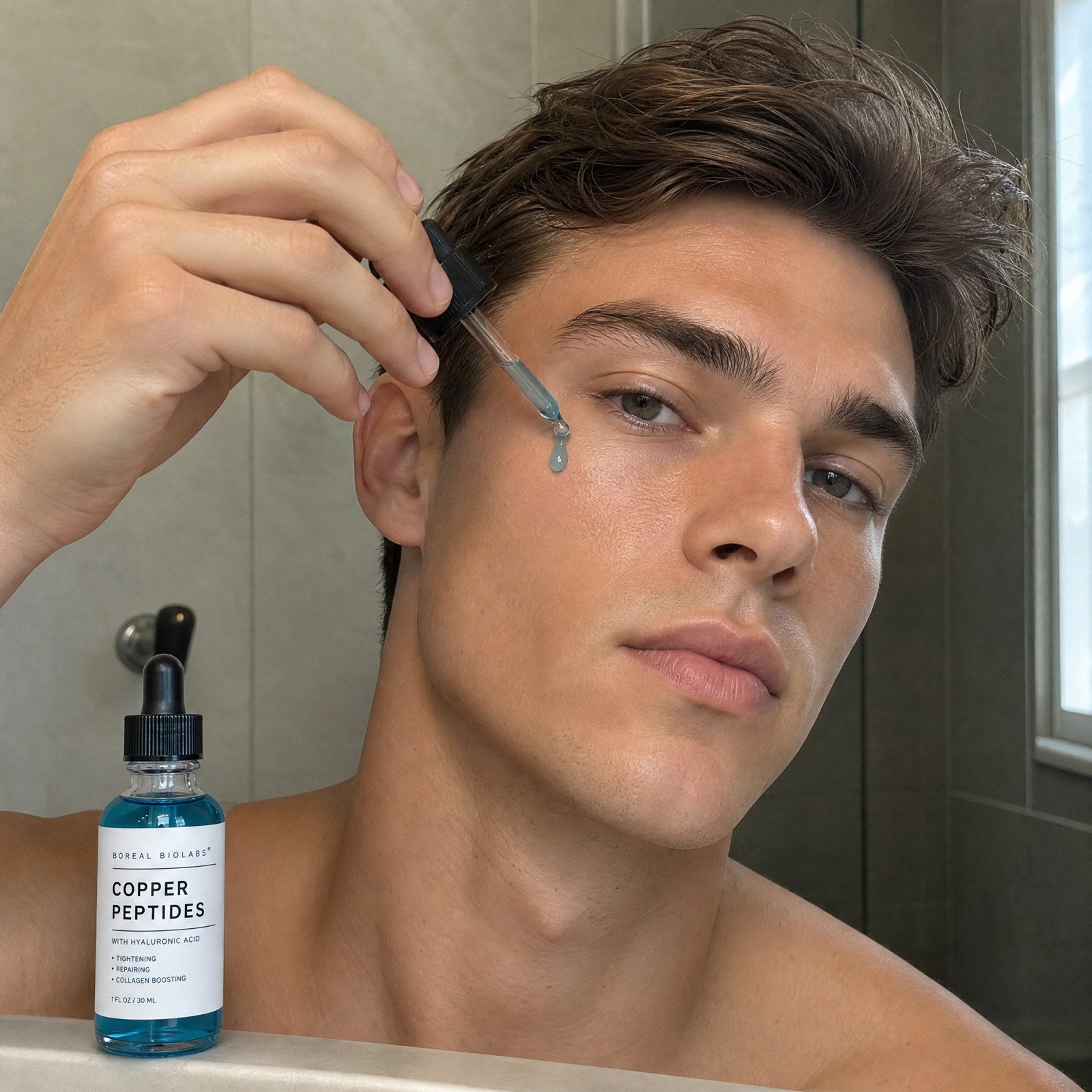 Applying a drop of copper peptide serum to the cheek in the bathroom mirror